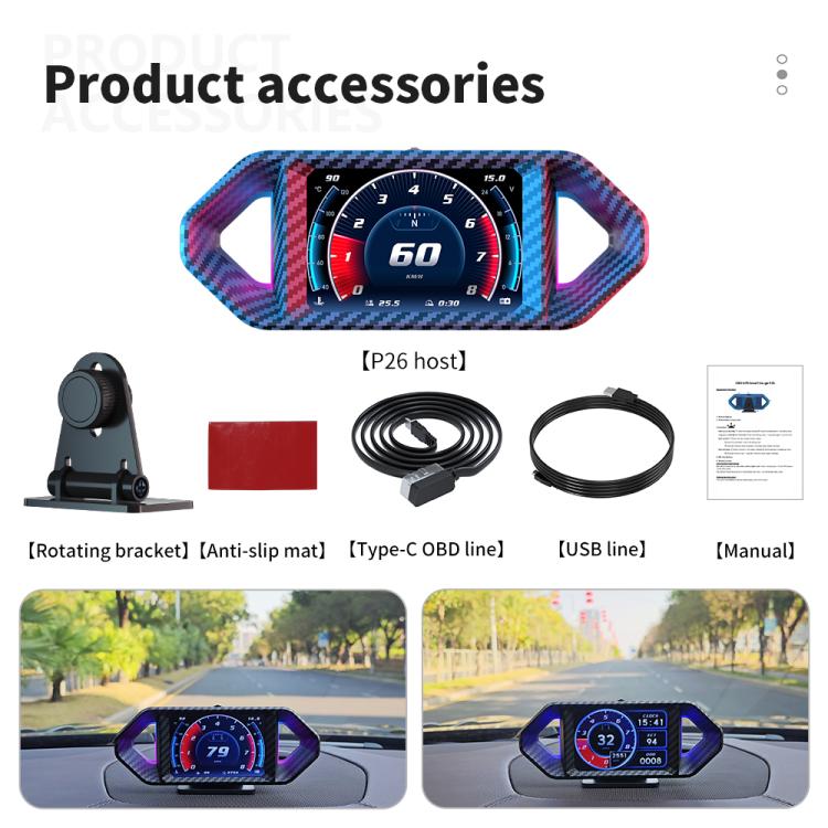P26 Car HUD Head-Up Display Multi-function LCD OBD Smart Gauge Slope Meter Accelerometer, P26