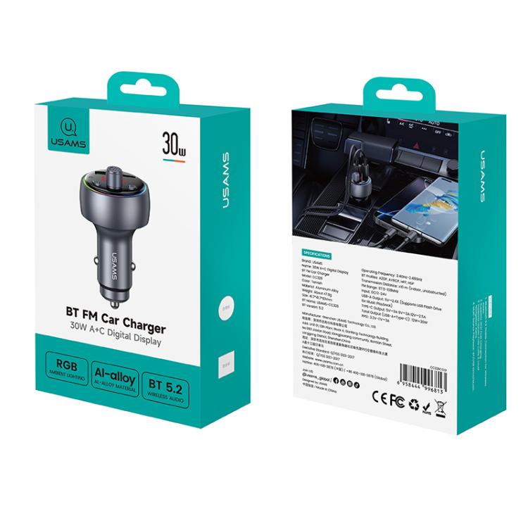 USAMS CC328 30W USB and Type-C Car Fast Charger Digital Display Bluetooth FM, CC328