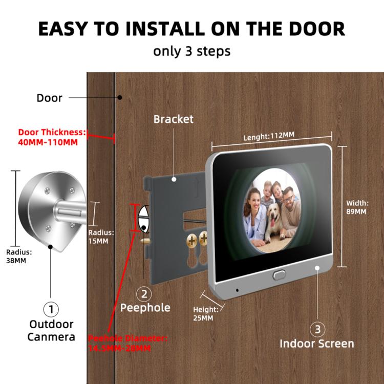 RH-PD7 4.3 inch HD Screen 360 Degree Panoramic Peephole 2.4G Wireless WiFi Video Doorbell, RH-PD7