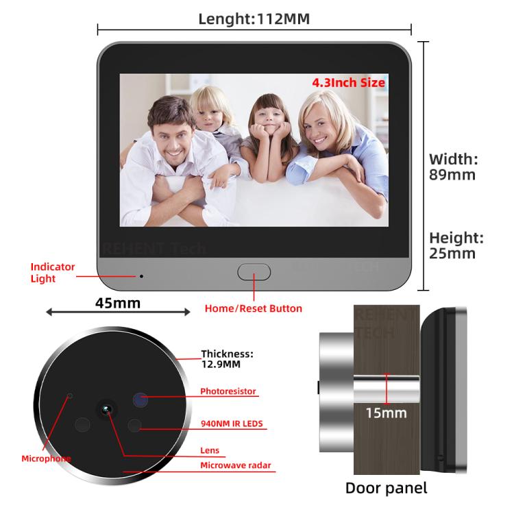 RH-PD9 4.3 inch HD Screen Microwave Radar Motion Detection Peephole WiFi Video Doorbell, RH-PD9