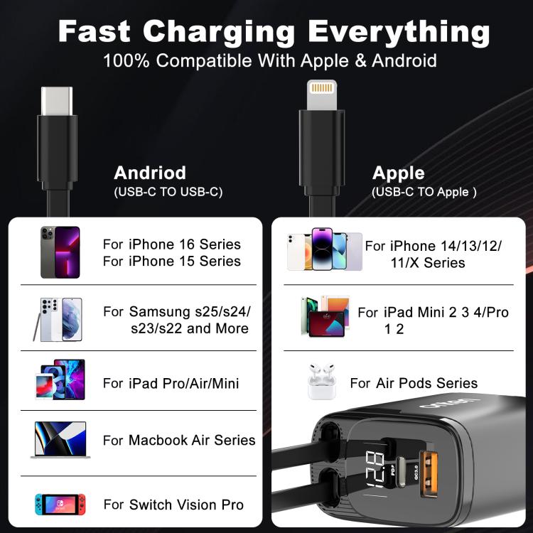 Onten CW72 4 in 1 USB-A and Type-C / USB-C Car Charger with 8 Pin and Type-C / USB-C Retractable Cable