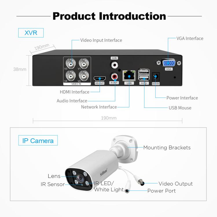 SriHome NVS007-AHD006B 2MP HD 4-CH XVR NVR Camera Network Video Recorder Kit, EU Plug, US Plug, UK Plug, AU Plug