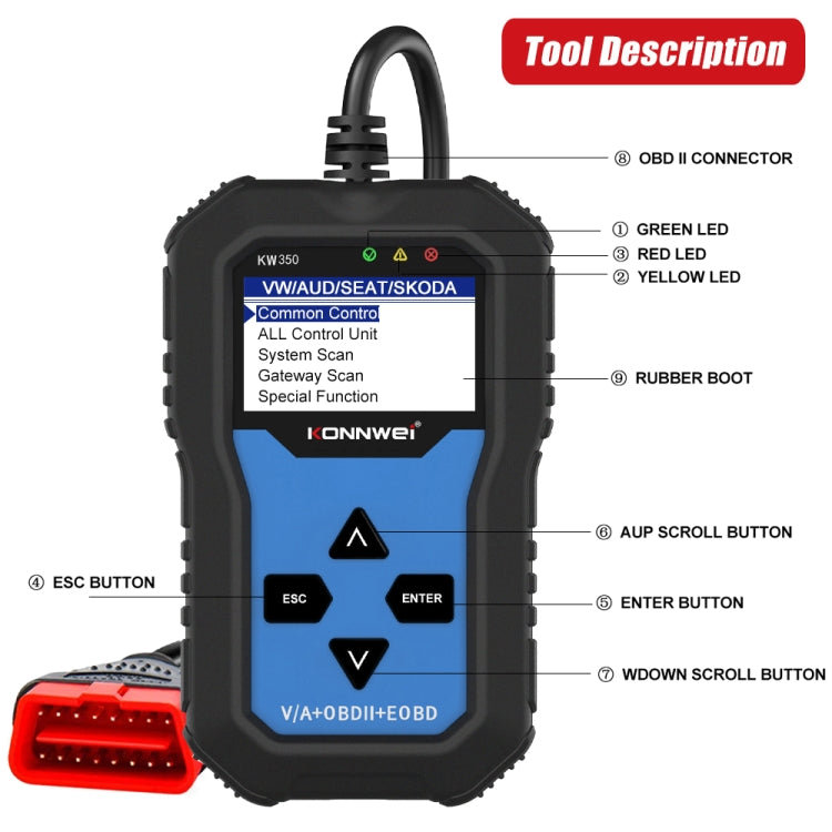 KONNWEI KW350 OBDII 12V Car Diagnostics Detector Scanner with 2 inch Black And White Display Screen V007 for Audi / Volkswagen, KW350