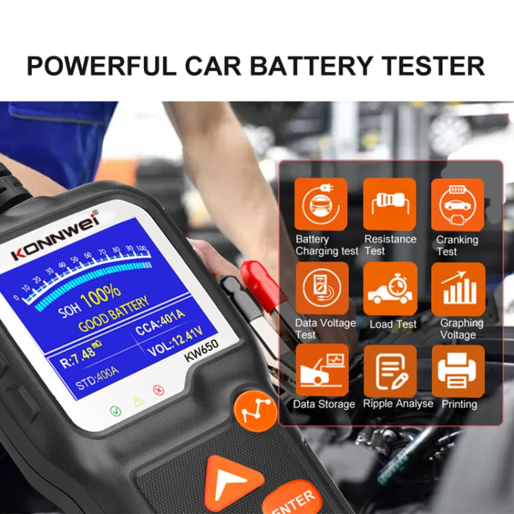 KONNWEI KW650 6V- 12V Car Motorcycle Battery Lawn Mower Detector with 2.4 inch Color Display & Waveform Graph, KW650