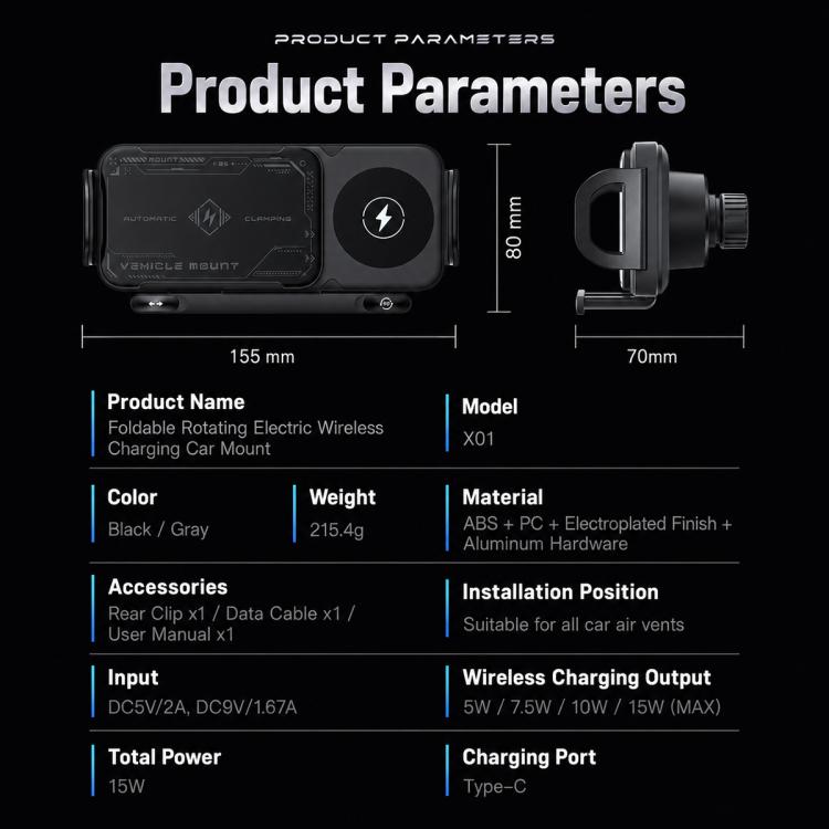 X01 2 In 1 Car Dual Coil 15W Wireless Charger Rotating Navigation Bracket, Bracket + Air Vent Base, Bracket + Dashboard Base, Bracket + Air Vent Base + Dashboard Base