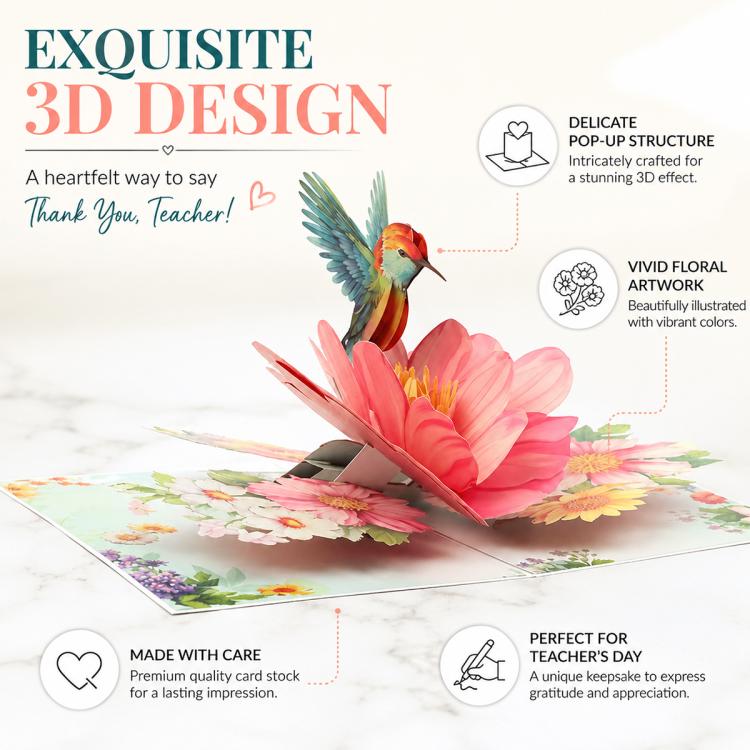 TeacherS Day 3D Paper-Cut Greeting Card, Hummingbird Flower, Green Hummingbird, Flowers and Butterflies
