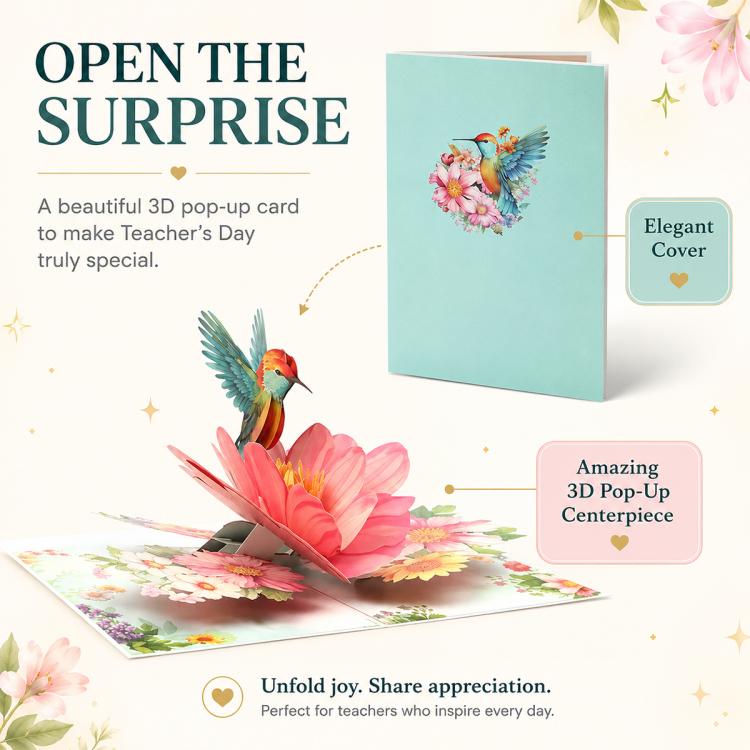 TeacherS Day 3D Paper-Cut Greeting Card, Hummingbird Flower, Green Hummingbird, Flowers and Butterflies