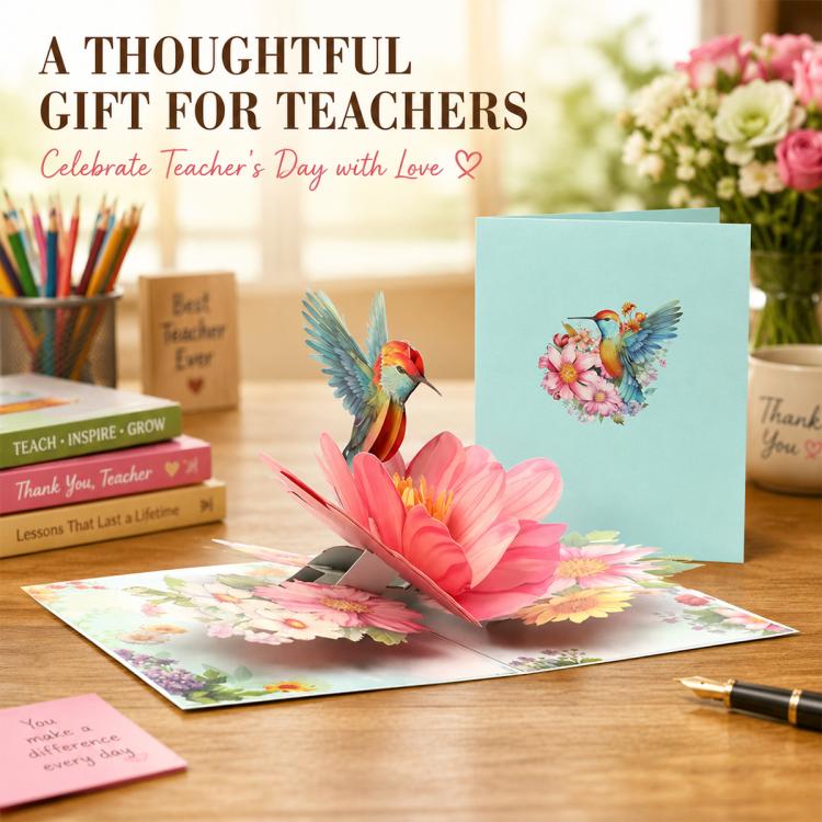 TeacherS Day 3D Paper-Cut Greeting Card, Hummingbird Flower, Green Hummingbird, Flowers and Butterflies