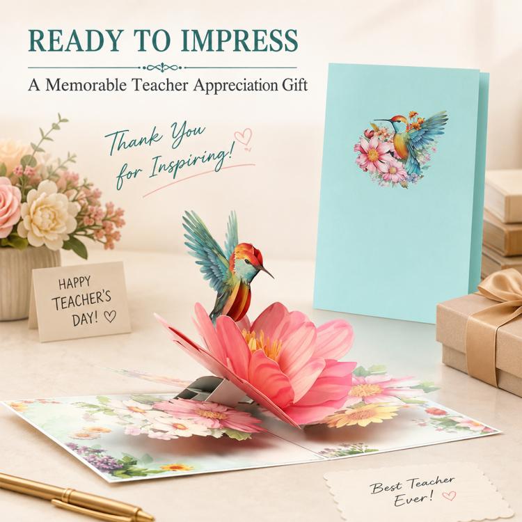 TeacherS Day 3D Paper-Cut Greeting Card, Hummingbird Flower, Green Hummingbird, Flowers and Butterflies