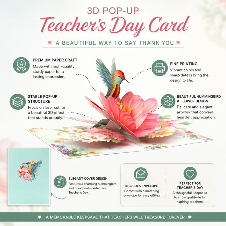TeacherS Day 3D Paper-Cut Greeting Card, Hummingbird Flower, Green Hummingbird, Flowers and Butterflies