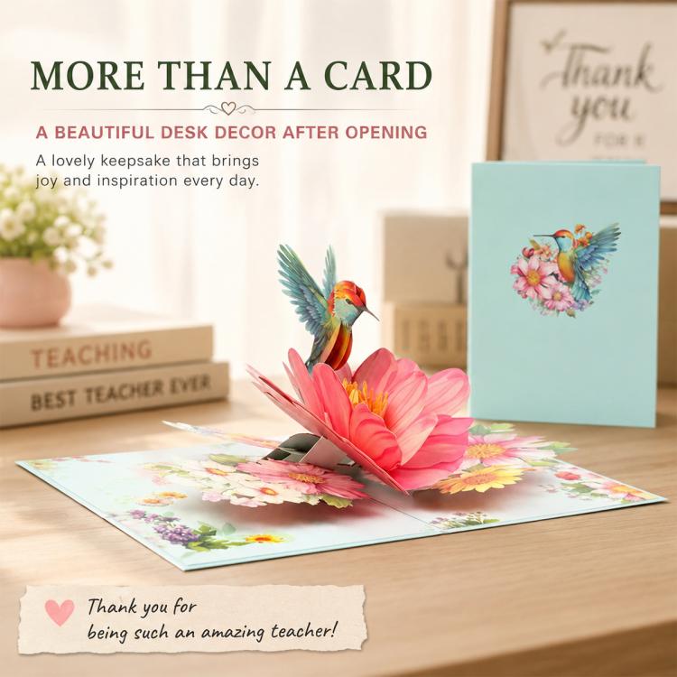 TeacherS Day 3D Paper-Cut Greeting Card, Hummingbird Flower, Green Hummingbird, Flowers and Butterflies