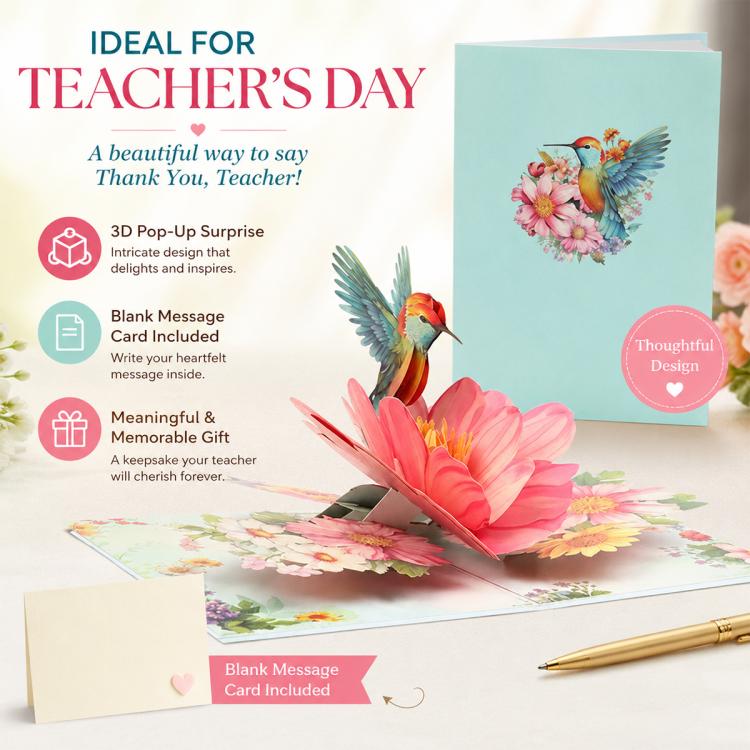 TeacherS Day 3D Paper-Cut Greeting Card, Hummingbird Flower, Green Hummingbird, Flowers and Butterflies