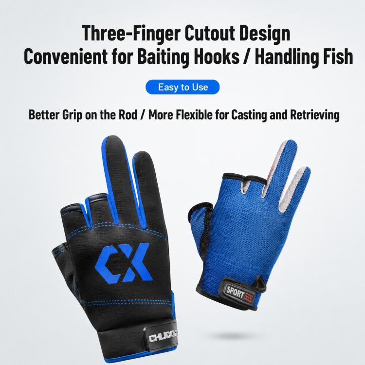 1 Pair 3 Finger Cut Off Anti Slip Breathable Fishing Gloves Outdoor Sun Protection Fishing Gear, Thin-Black, Thin-Blue, Thicken-Red, Thicken-Grey, Thicken-Yellow, Thicken-Blue