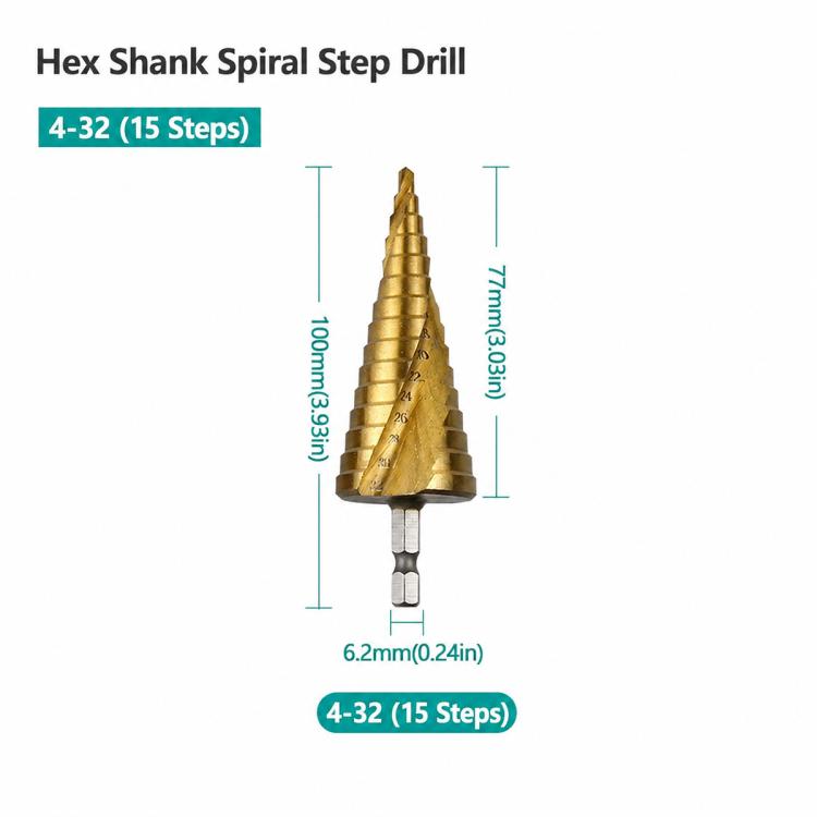 Hexagonal Shank Metal High-speed Steel Pagoda Drill Bit, 15 Stage Spiral Step Drill, 3pcs 5-9 Stage Straight Groove, 3pcs 5-15 Stage Spiral Groove, 3pcs 5-15 Stage Straight Drilling, 3pcs 5-9 Stage Sharp Straight Drill, 11 Stage Straight Drill