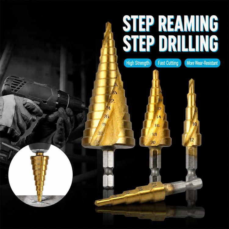 Hexagonal Shank Metal High-speed Steel Pagoda Drill Bit, 15 Stage Spiral Step Drill, 3pcs 5-9 Stage Straight Groove, 3pcs 5-15 Stage Spiral Groove, 3pcs 5-15 Stage Straight Drilling, 3pcs 5-9 Stage Sharp Straight Drill, 11 Stage Straight Drill