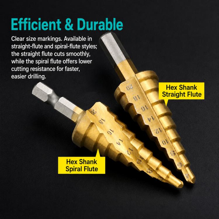 Hexagonal Shank Metal High-speed Steel Pagoda Drill Bit, 15 Stage Spiral Step Drill, 3pcs 5-9 Stage Straight Groove, 3pcs 5-15 Stage Spiral Groove, 3pcs 5-15 Stage Straight Drilling, 3pcs 5-9 Stage Sharp Straight Drill, 11 Stage Straight Drill