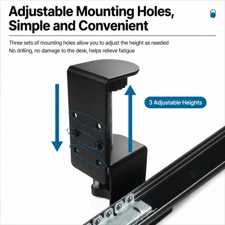 No-Drill Clamp-On Desktop Extension Tray Board Support Bracket, Regular Folding Style, Large Clip Folding Style, Regular Slide Rail Style, Adjustable Slide Rail Style, Rotatable Slide Rail Style, Drawer Clip Folding Style