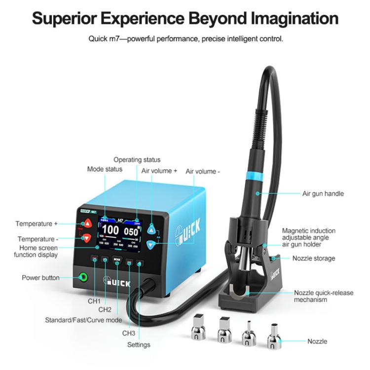 QUICK M7 1000W 9-Channel HD Digital Display Intelligent Hot Air Gun Desoldering Station, EU Plug, AU Plug, UK Plug, US Plug