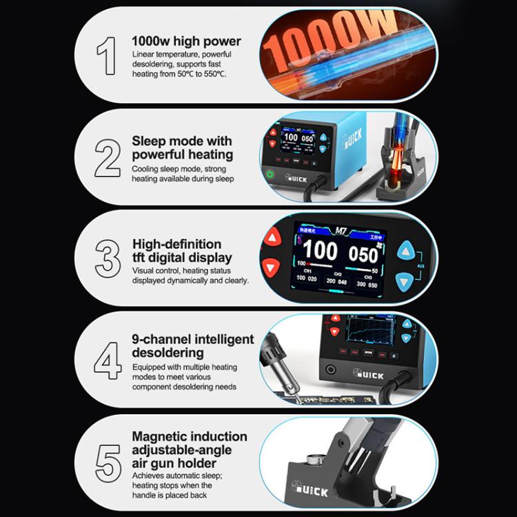 QUICK M7 1000W 9-Channel HD Digital Display Intelligent Hot Air Gun Desoldering Station, EU Plug, AU Plug, UK Plug, US Plug