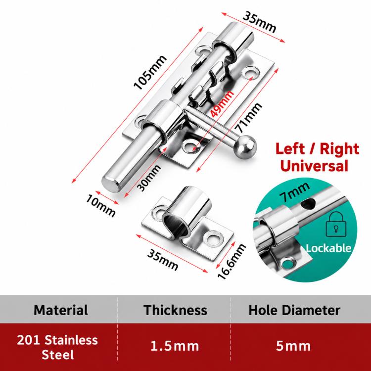 201 Stainless Steel Ball Handle Slide Bolt Latch Door Lock with Lock Hole, 4 inch, 5 inch, 6 inch, 8 inch, 10 inch, 12 inch, 14 inch, 16 inch, 18 inch, 20 inch 12 Core, 20 inch 14 Core, 24 inch, 32 inch