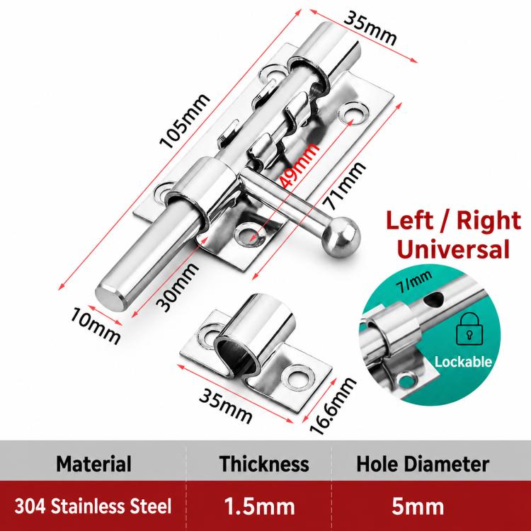304 Stainless Steel Ball Handle Slide Bolt Latch Door Lock with Lock Hole, 4 inch, 5 inch, 6 inch, 8 inch, 10 inch, 12 inch, 14 inch, 16 inch, 18 inch, 20 inch 12 Core, 20 inch 14 Core, 24 inch, 32 inch