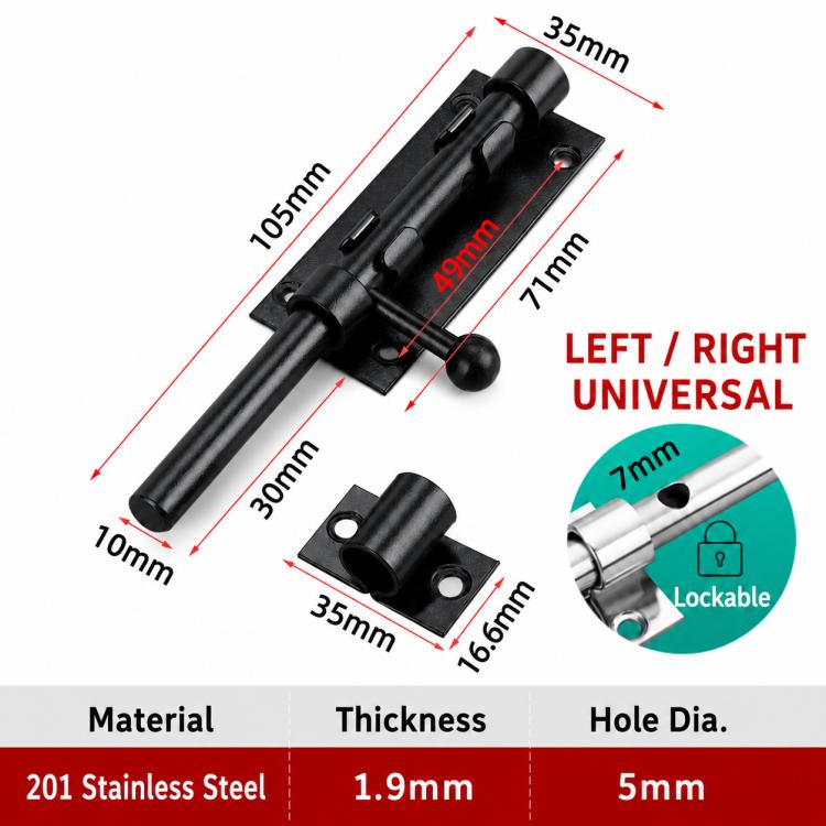 201 Stainless Steel Ball Handle Slide Bolt Latch Door Lock with Lock Hole, 4 inch, 5 inch, 6 inch, 8 inch, 10 inch, 12 inch