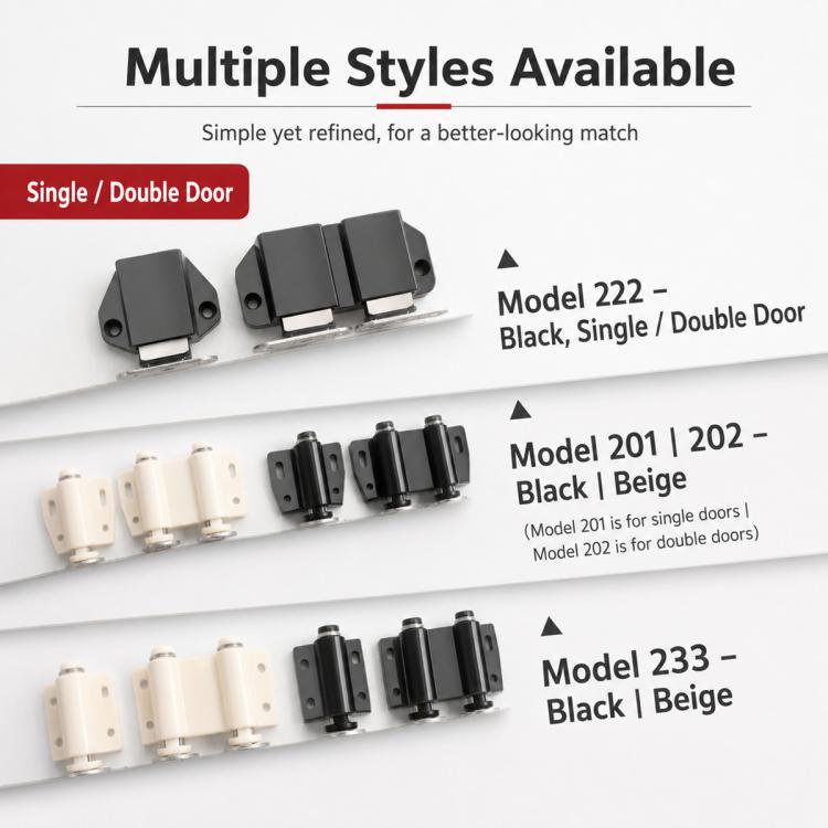 Handle-Free Push-To-Open Cabinet Door Latch, 202 Double Head Style Black, 202 Double Head Style Beige, 201 Single Head Magnetic Style Black, 201 Single Head Magnetic Style Beige, 222 Single Head Magnetic Style Black, 222 Double Head Magnetic Style Blac...