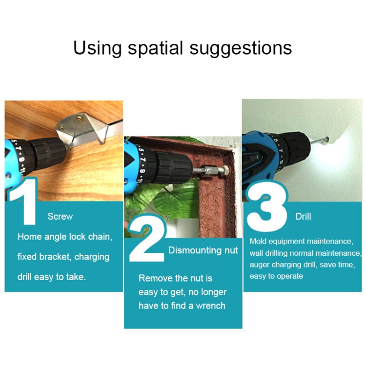 VOTO 16.8V Stepless Speed Regulation Rechargeable Hand Drill Set Electric Drill Power Tools with LED Light, AC 220V, US Plug, Random Color Delivery, 16.8V Dual Speed