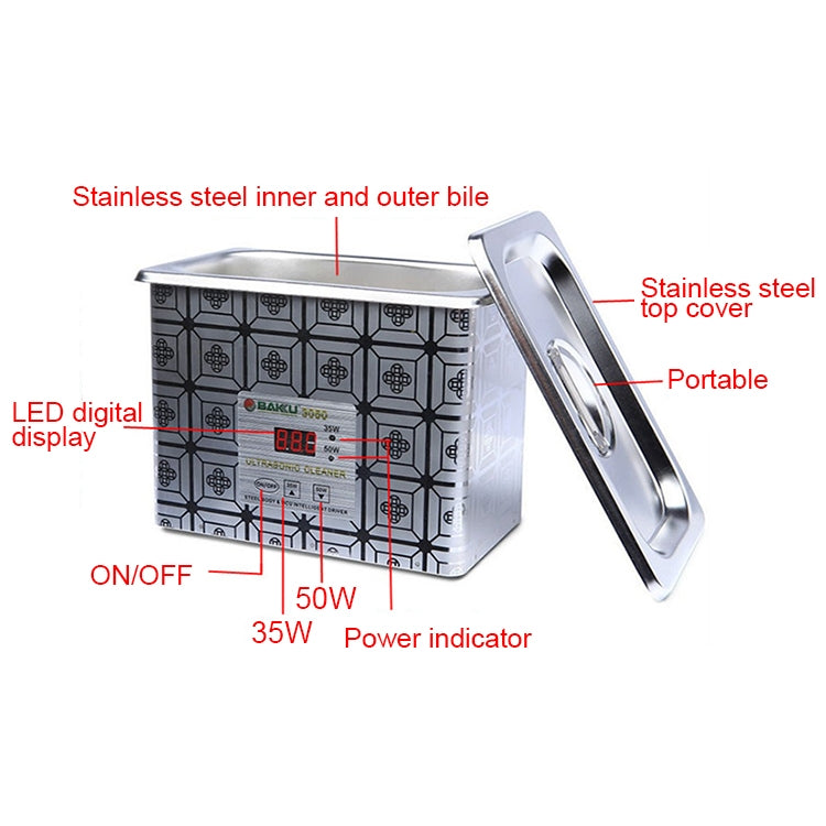 BAKU BK-3050 35W / 50W Adjustable 0.8L LCD Display Ultrasonic Cleaner, AC 110V, BK-3050 35W / 50W 0.8L 110V