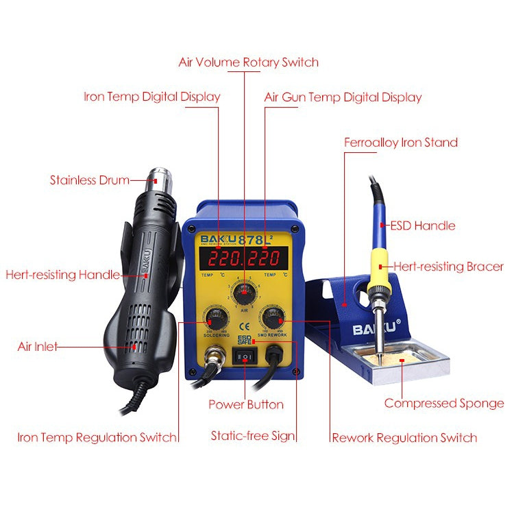 BAKU BK-878L2 AC 110V LED Display 2 in 1 Hot Air Gun Soldering Iron Soldering Station, BK-878L2 AC 110V