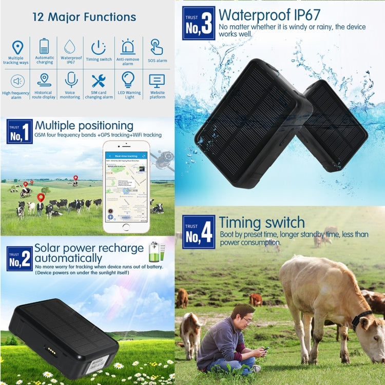 RF-V34 Sheep Cow Cattle Livestock IP67 Waterproof Solar GSM GPS WiFi Tracking without Fixed Bottom Plate, Support Voice Monitoring & Anti-remove Alarm & SOS, GPS WiFi Tracking