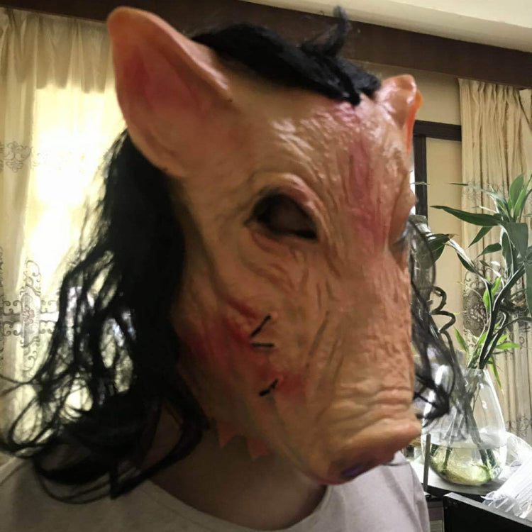 Halloween Mask Latex Pig Head Cap Halloween Festival Party Fancy Pig Face Masquerade Masks with Hair, Pig Head