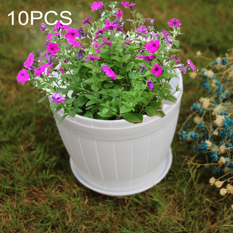 10 PCS Imitation Wooden Barrel Plastic Resin Flower Pot with Tray, Top Diameter: 16cm, Height: 13.5cm, Top Diameter: 16cm