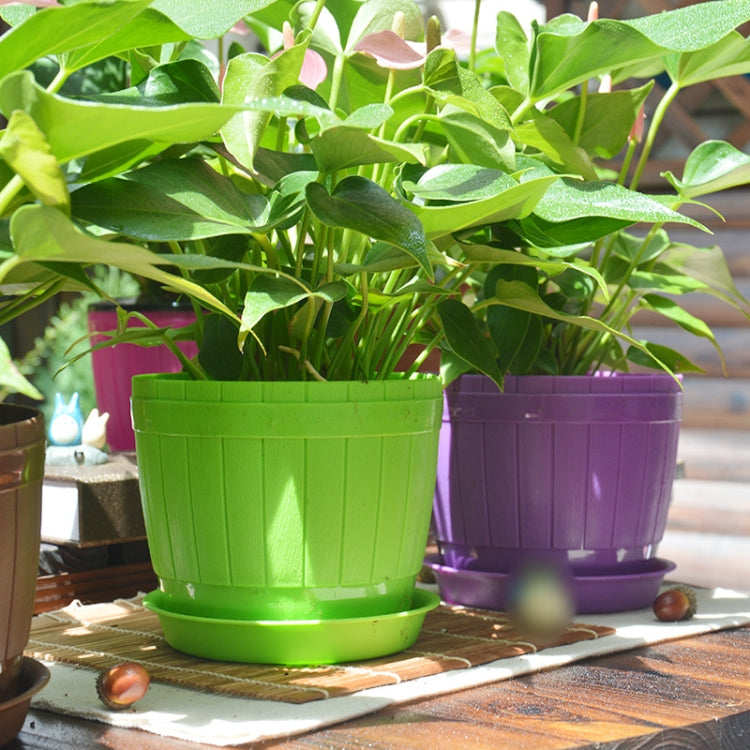 10 PCS Imitation Wooden Barrel Plastic Resin Flower Pot with Tray, Top Diameter: 16cm, Height: 13.5cm, Top Diameter: 16cm