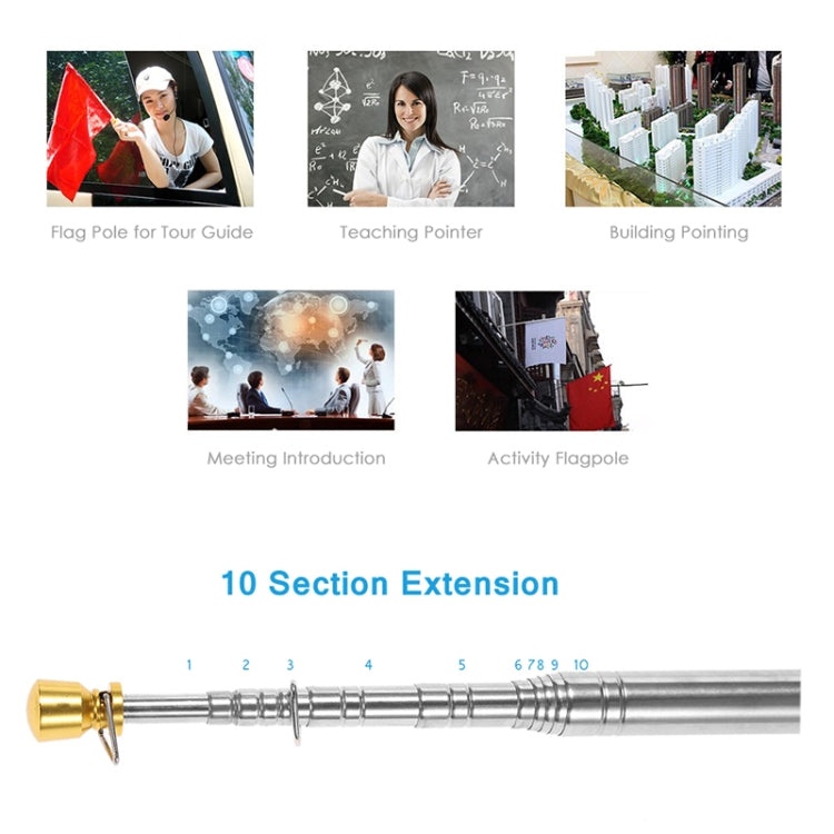 1.6M 10 Knots Telescopic Stainless Steel Sponge Golden Head Teaching Stick Guide Signal Flag, 1.6M 10 Knots