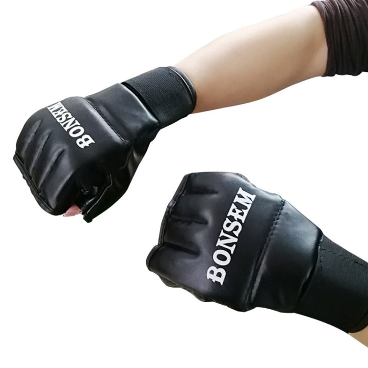 BONSEM Half Fingers PU Leather Adults Sandbag Training Boxing Gloves, J-MMA Black, J-MMA Red