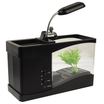 USB Desktop Aquarium Mini Fish Tank with Running Water and 6 LED Light, LCD Clock Display with Calendar, Time and Alarm (Holds 1.5 Quarts of Water)