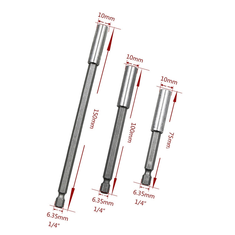 3 in 1 1/4 Electric Batch Head High Magnetism Connecting Rod Pistol Drill Extension Rod Sleeve Fast Turning Joint, Length: 75/100/150mm, 75/100/150mm Joint