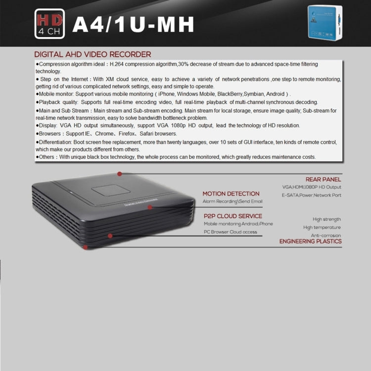 A4/1U-MS 1080N CE & RoHS Certificated 1 / 4 Previews Screen inch AHD DVR Digital Video Recorder, A4/1U-MH, A4/1U-MS