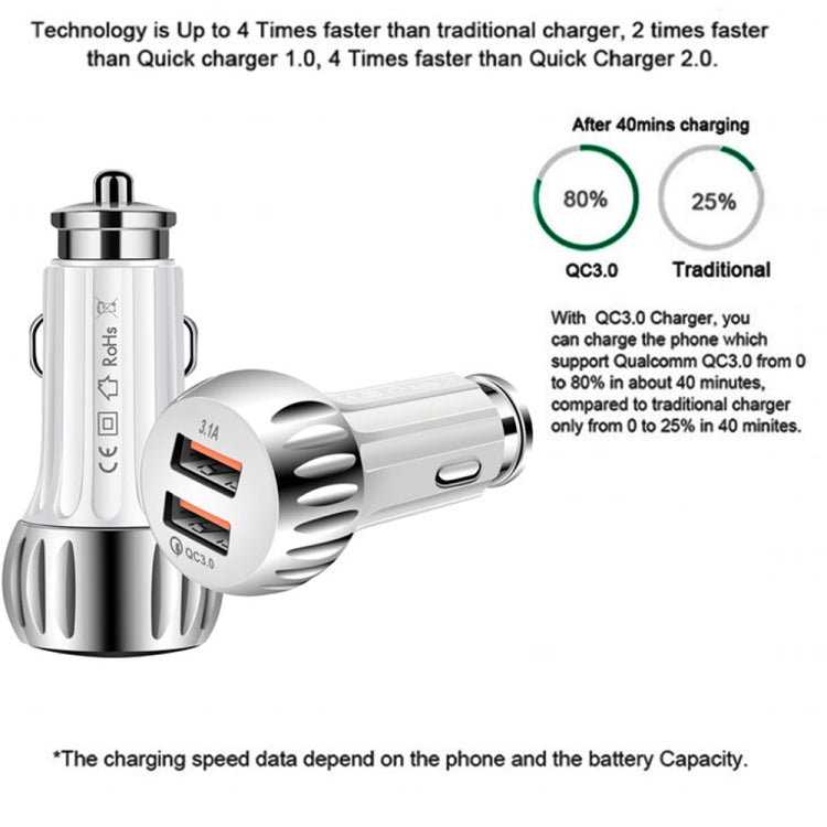 YSY-310QC18W QC3.0 Dual Port USB Car Charger + 3A USB to 8 Pin Data Cable, Cable Length: 1m, YSY-310QC18W with 8 Pin Cable, with 8 Pin Cable