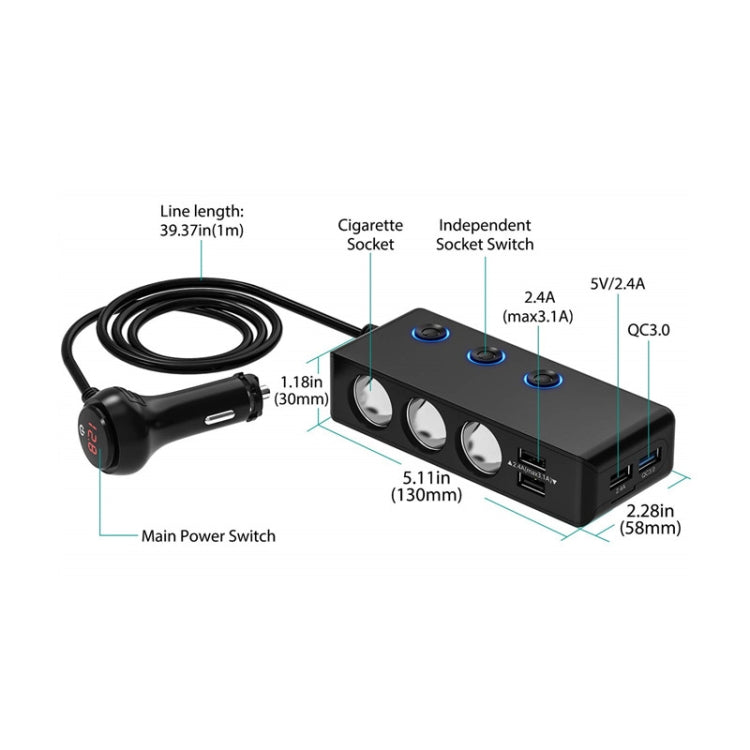 TR30 QC 3.0 Multifunctional 3 Cigarette Lighter  High Power Car Charger, TR30