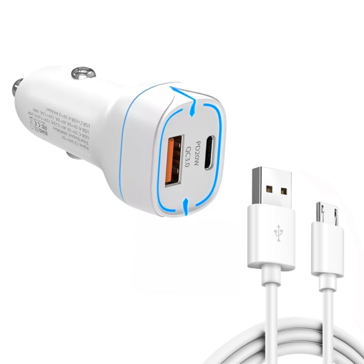 38W PD20W + QC3.0 USB Car Charger with USB to Micro USB Data Cable, Length: 1m, USB to Micro USB Cable (White), USB to Micro USB Cable (Black)
