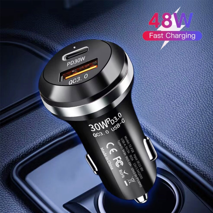 P28 USB-C PD30W + QC3.0 18W USB Dual Port Car Charger, P28 (Black), P28 (White)