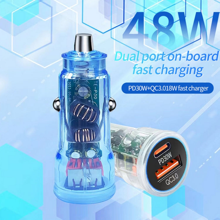 P35 48W PD30W + QC3.0 18W USB Transparent Car Charger with Type-C to 8 Pin Phone Data Cable, P35 with Cable (Transparent), P35 with Cable (Transparent Blue)