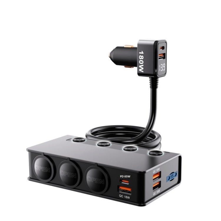 TR-54 9 In 1 Multi Ports PD+QC3.0 USB Car Charger Device 3 Socket Cigarette Lighter Splitter, TR-54
