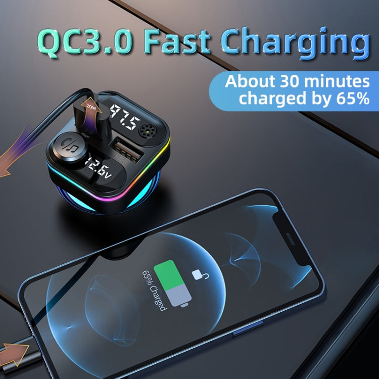 C37 Car QC3.0 20W Fast Charger LED Backlit Atmosphere Light MP3 Player Bluetooth FM Transmitter, C37