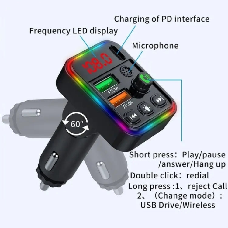 P19 Support U Disk Wireless 7-Colors LED Backlit Car MP3 Hands-Free Bluetooth Calling Car Audio Charger, P19