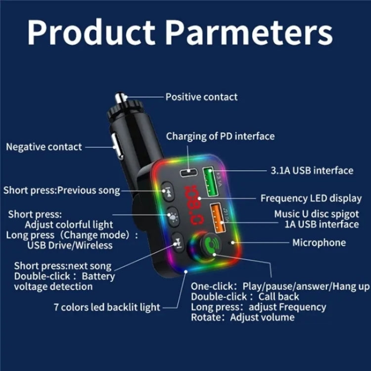 P4 Car FM Transmitter PD Fast Charger Car Charger Support U Disk Bluetooth Hands-free Calling, P4