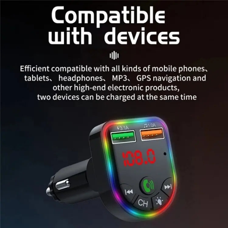 P5 Support U Disk Colorful Ambient Light Car Charger Digital Display Bluetooth Wireless Car MP3 Player, P5