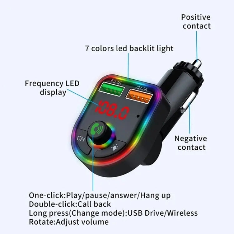 P6 Smart Bluetooth Calling Car Wireless MP3 Audio Device Colorful Ambient Lights Car Charger, P6